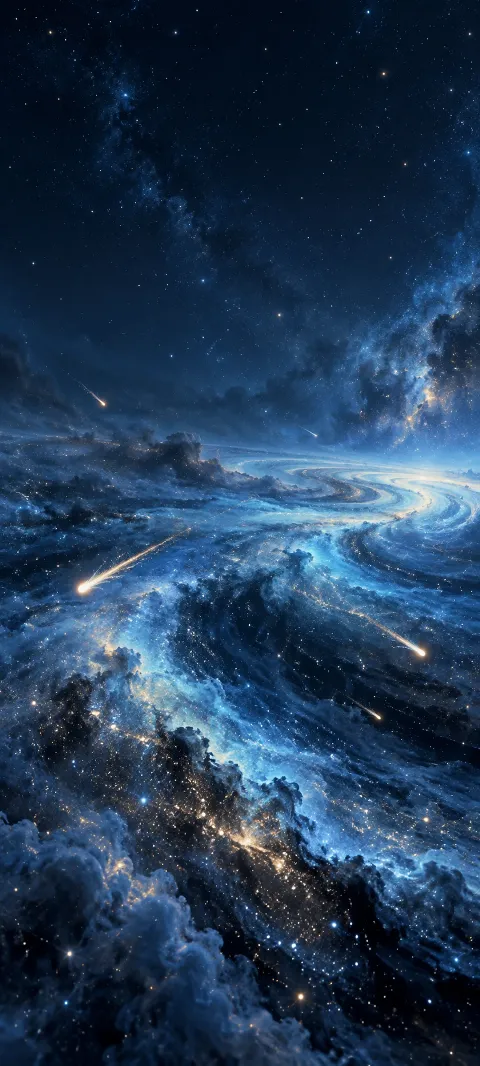 Bright comets cross a blue star field above a spiral galaxy.