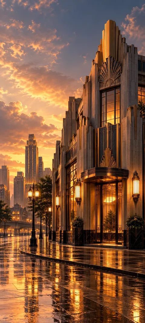 An imagined art deco corner reflects amber light.
