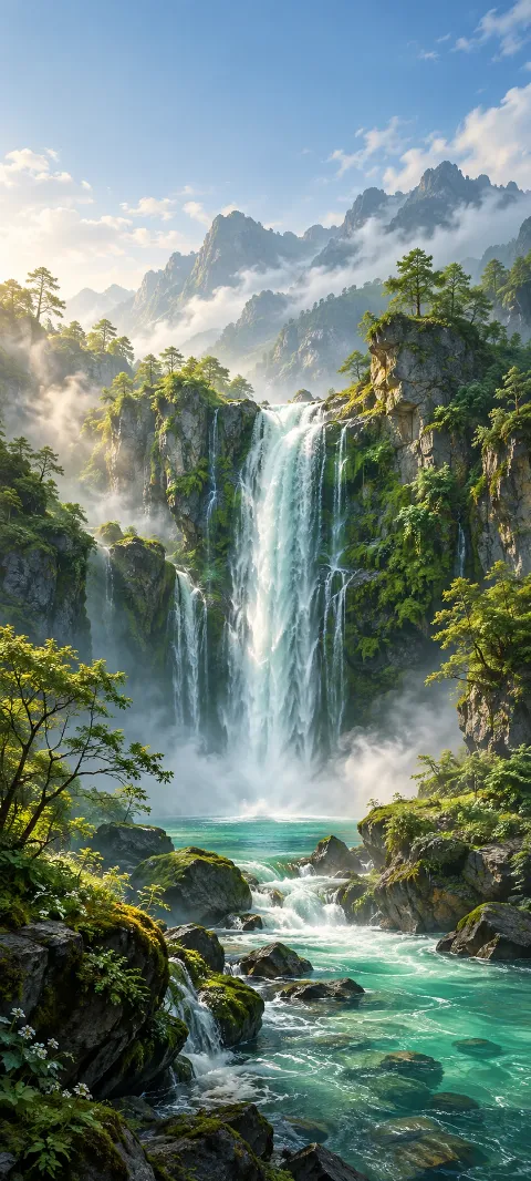 An emerald waterfall drops through moss and mist.