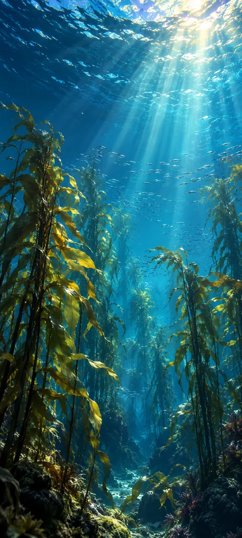 Sunbeams pass through a tall kelp forest while small fish move in the blue water.