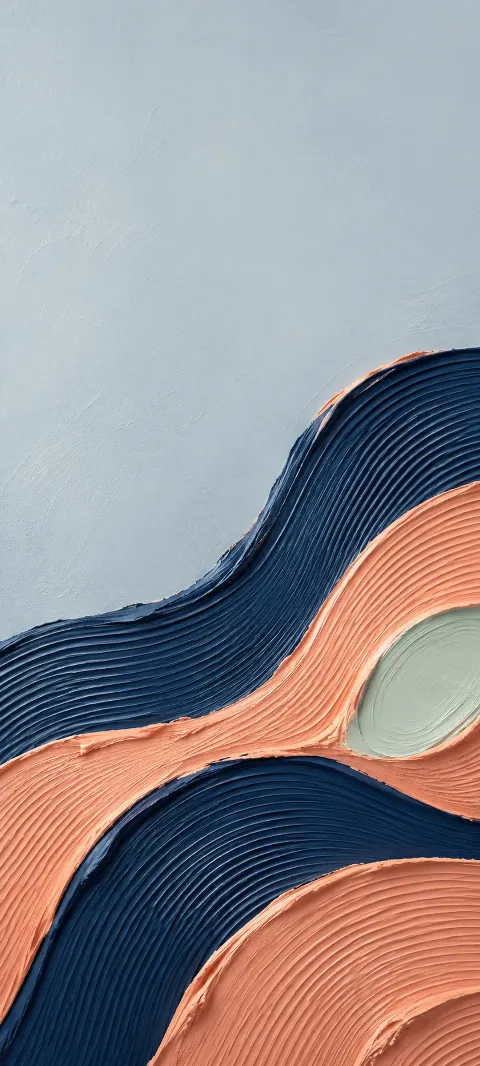 Combed navy and salmon paint ridges surrounding a pale mint oval.