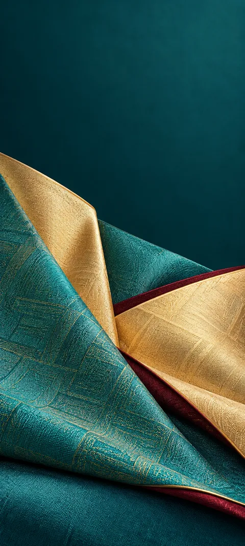 Turquoise and gold jacquard silk folds above a burgundy edge.