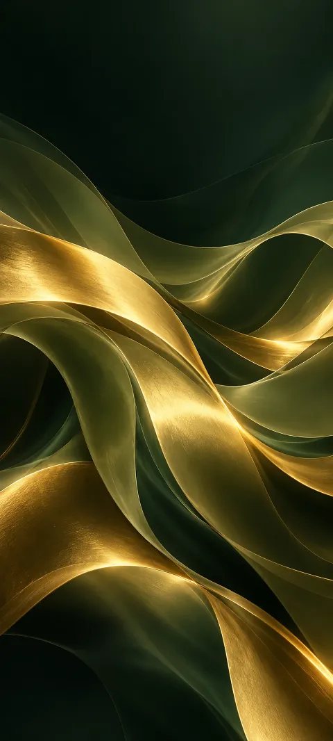 Gold and olive ribbons sweep through a deep green abstract field.