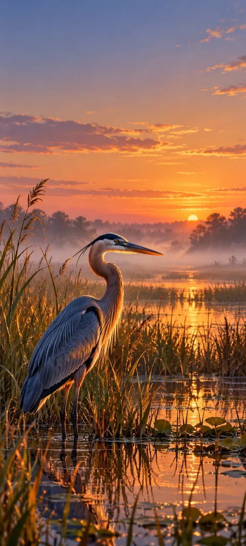 A gray heron outlined by copper light among marsh reeds.