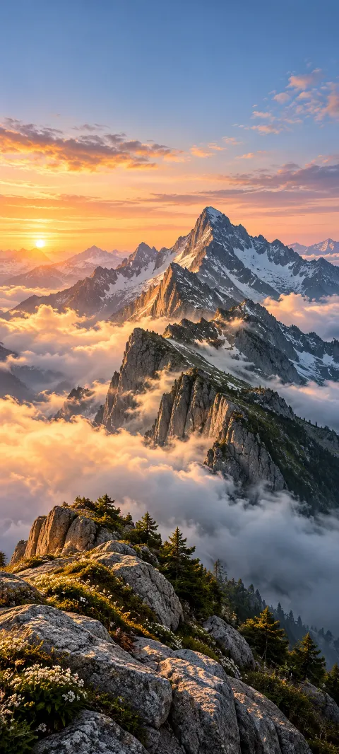 A granite ridge rises through bands of moving cloud.
