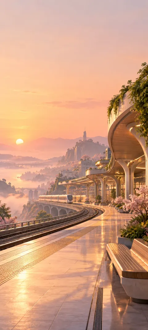 A peach morning haze surrounds an imagined station.