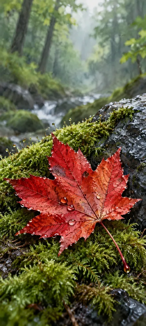 A rain-speckled red maple leaf lies on moss beside wet stone.