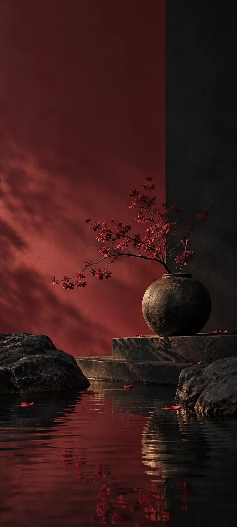 A dark vessel and burgundy branch rest beside still water.