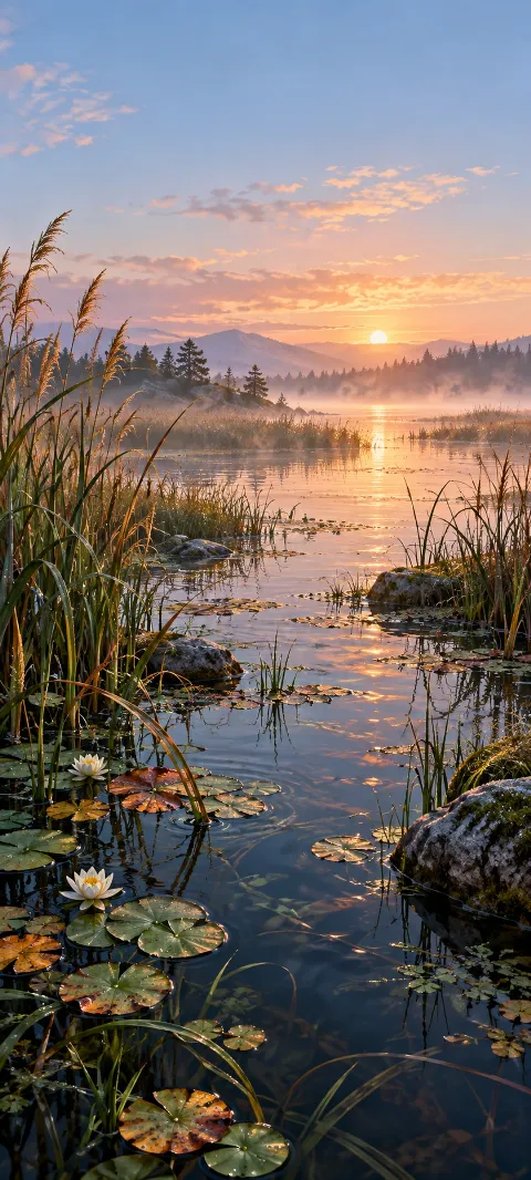 Morning water threads between reeds and floating leaves.