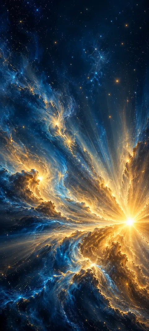 Golden stellar rays fanning through blue cosmic dust and stars.