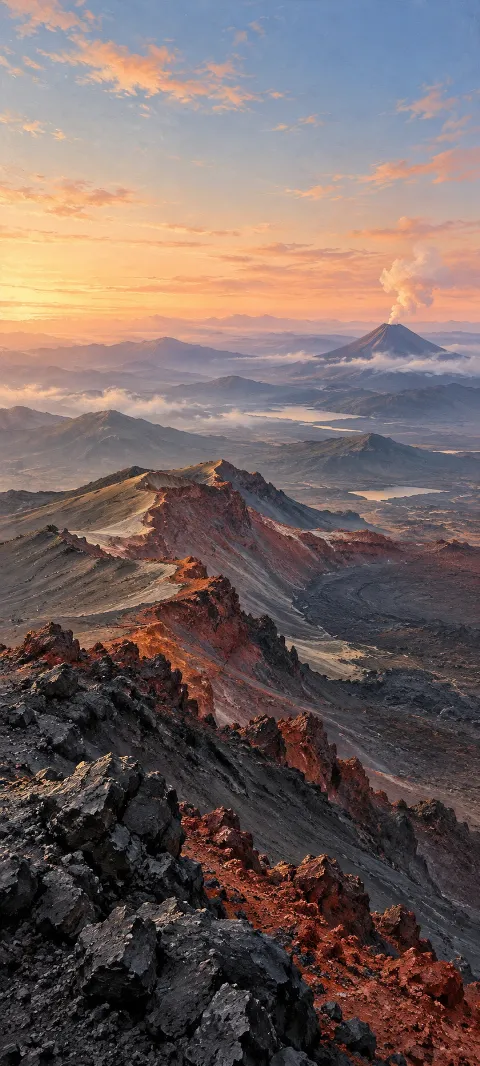 Charcoal and red volcanic ridge with a distant smoking cone under peach clouds.