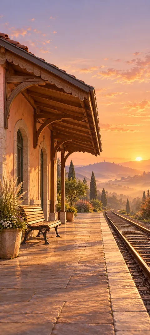 Peach railway station, wooden canopy and bench, and curving track at dawn.
