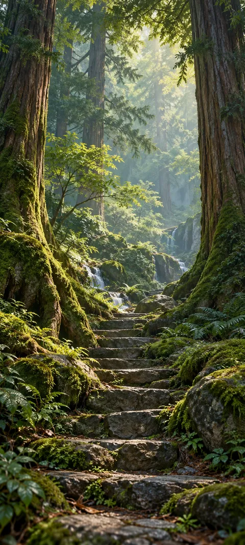 Stone steps and small cascades between towering moss-covered cedar trees.