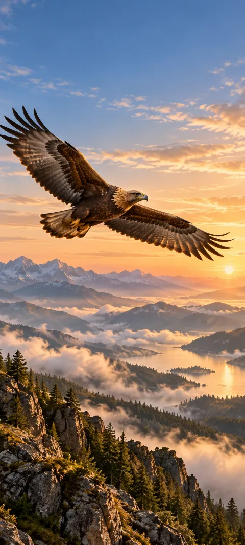 A golden eagle glides above foothills and cloud.