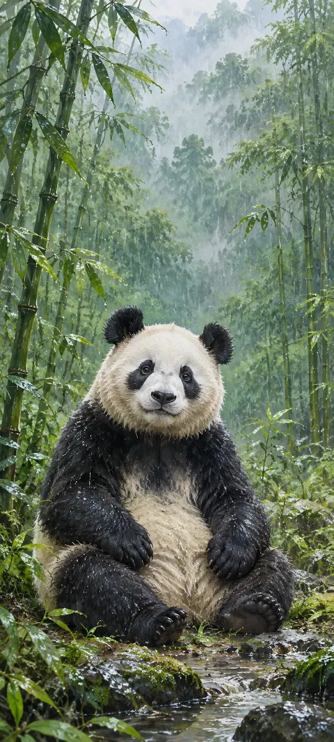 Seated panda with black forepaws and bent legs in a wet bamboo grove beside a stream.