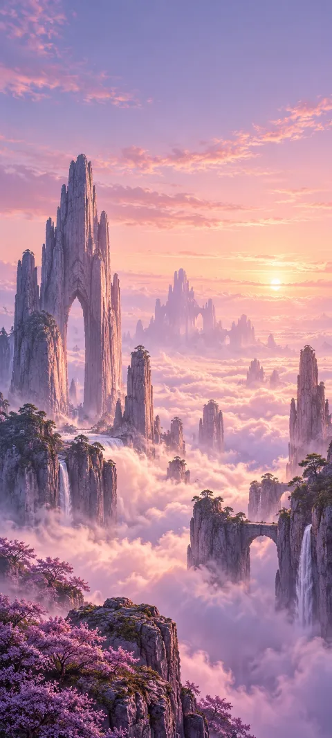 Lavender monoliths rise from a cloud-covered plain.