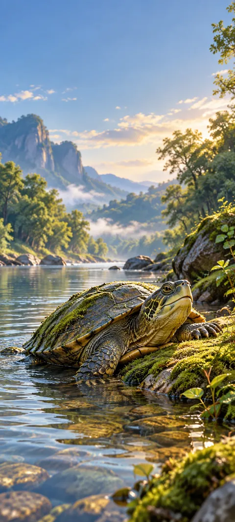 A river turtle rests beside a mossy bank.