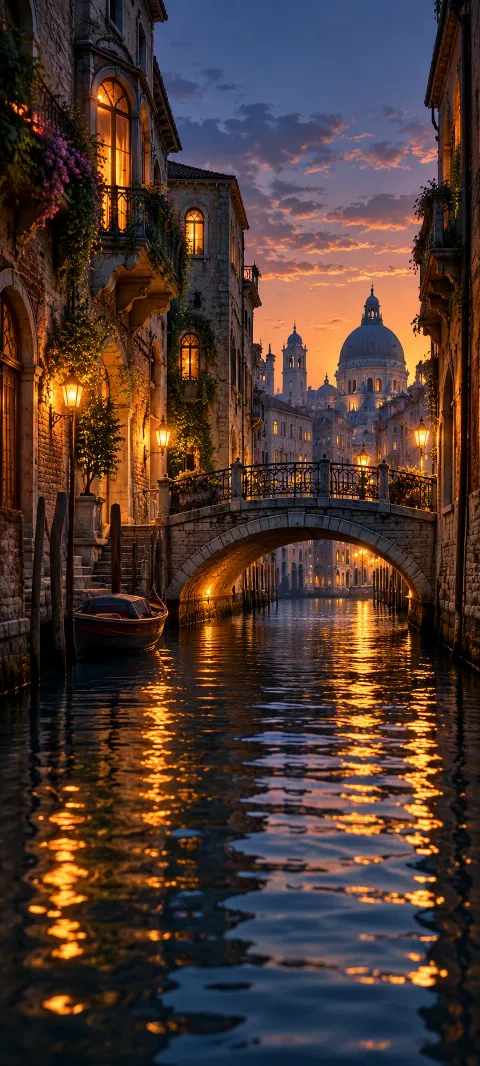 A narrow canal passes below a bridge and warm windows.