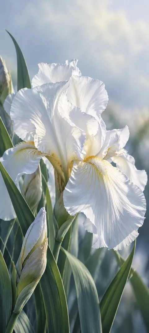 A white iris opens against soft blue garden shadow.