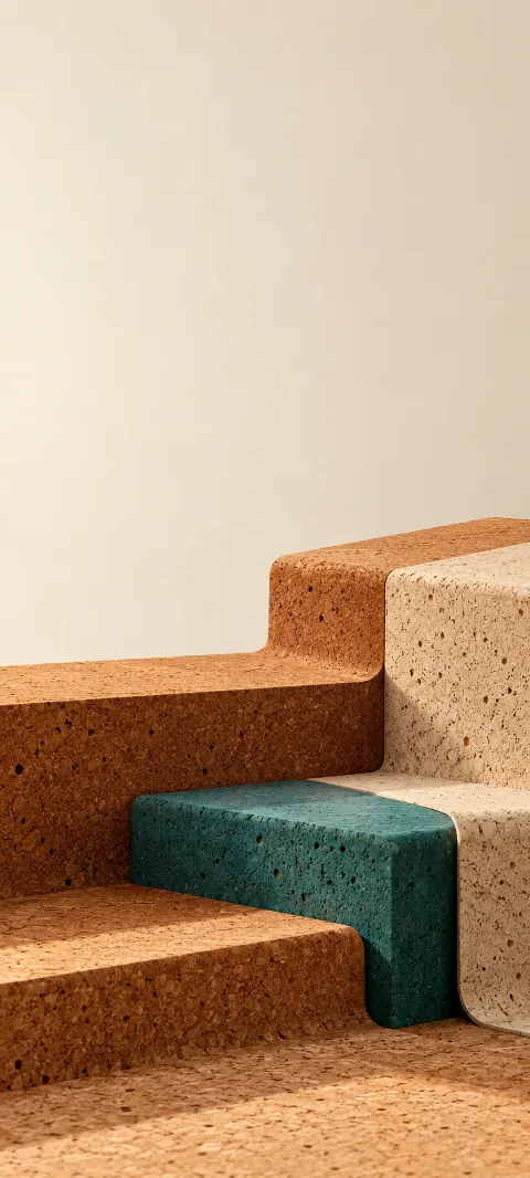 Cinnamon and cream cork steps around a teal block on cream.