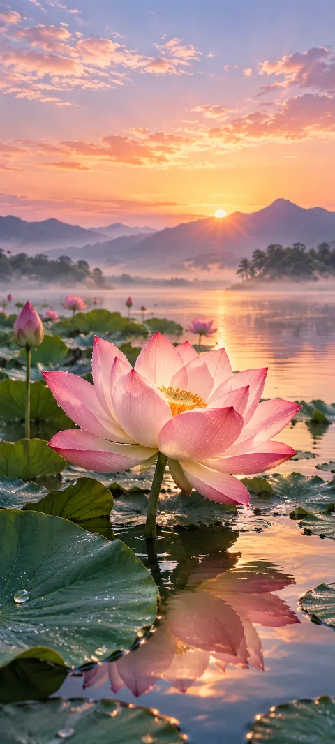 A pink lotus floats above quiet water and round leaves.
