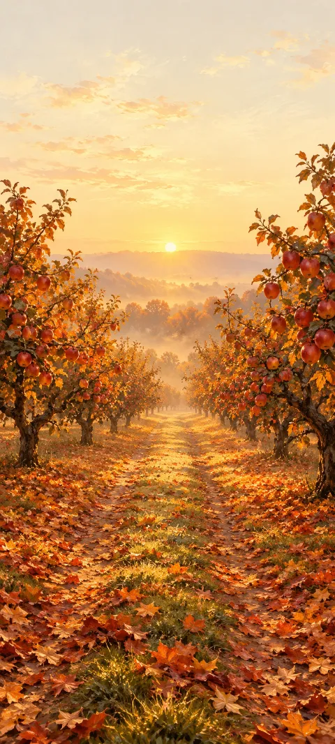 An autumn apple orchard lane covered with orange leaves, descending toward a golden sun.
