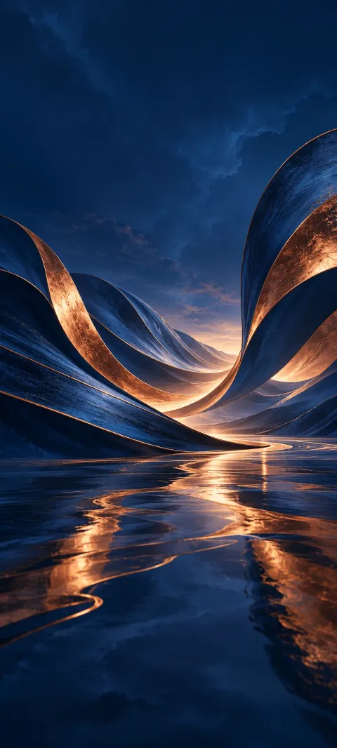 Indigo bands with copper edges flowing around a low opening.