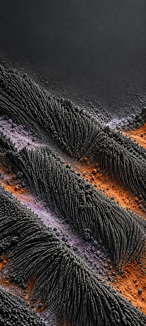 Fine black ridges with lavender and orange pigment between diagonal bands.