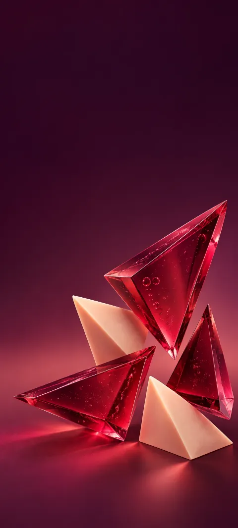 Raspberry resin triangular prisms with peach wedges against a plum background.