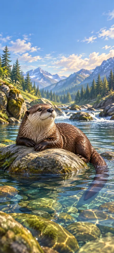 A river otter rests on a stone in clear water.