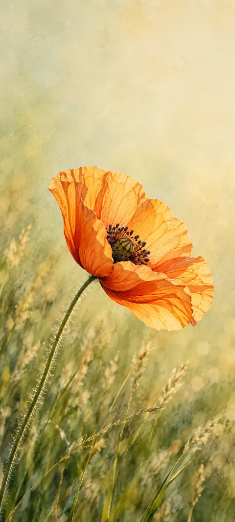An orange poppy with translucent petals on a slender stem above soft meadow grasses.