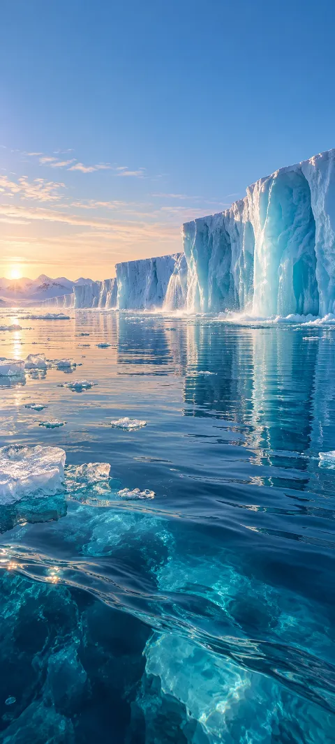 A blue ice shelf melts into a calm polar sea.