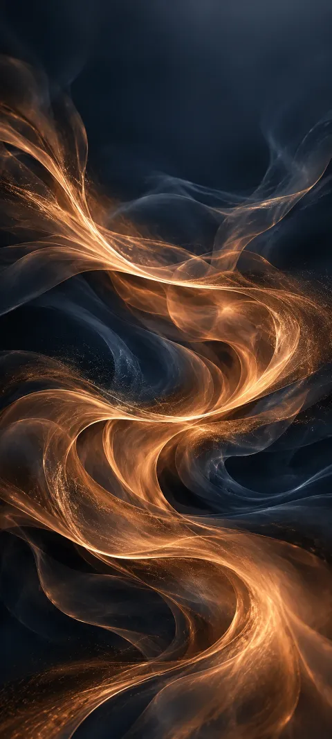 Luminous copper smoke ribbons on a midnight-blue field.