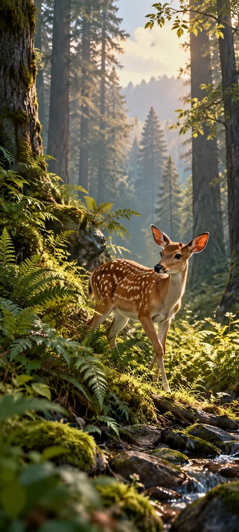 A spotted deer steps through ferns beneath tall trees.