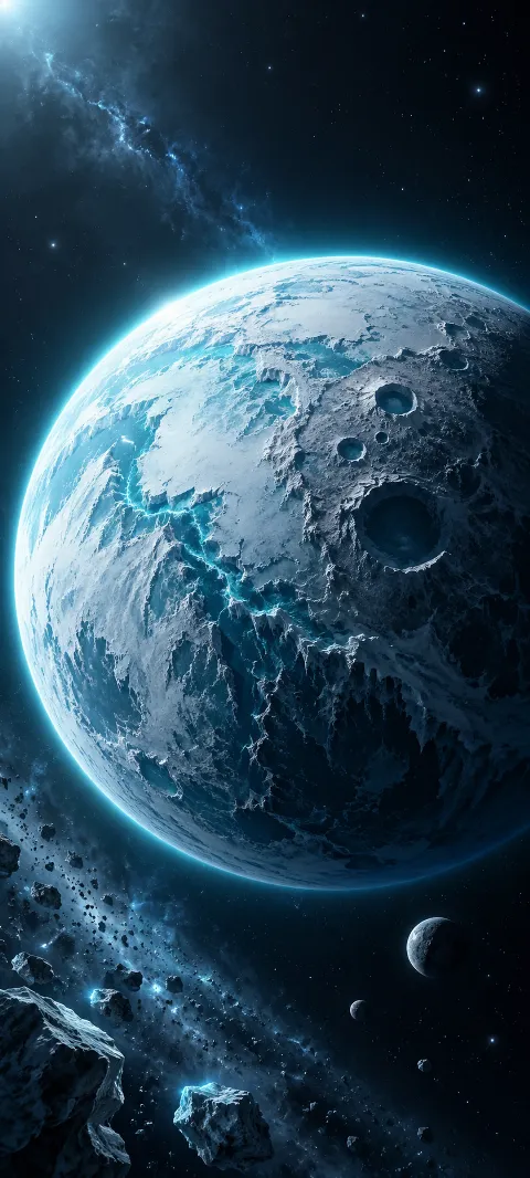 An icy glacier planet catches a cyan halo.