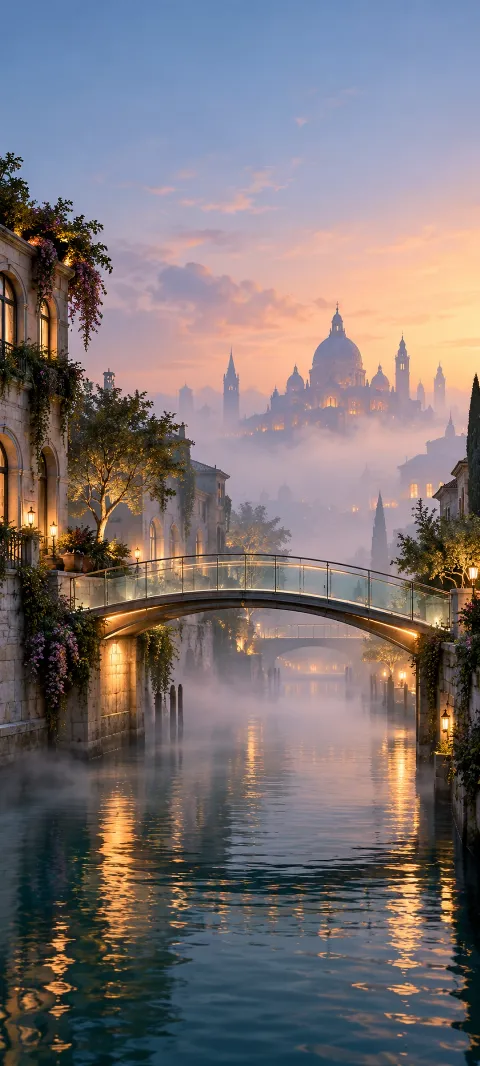 A glass footbridge crosses a fog-softened canal.