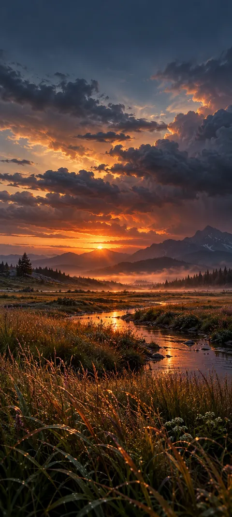 Rain-darkened meadow grasses catch copper light under storm clouds.