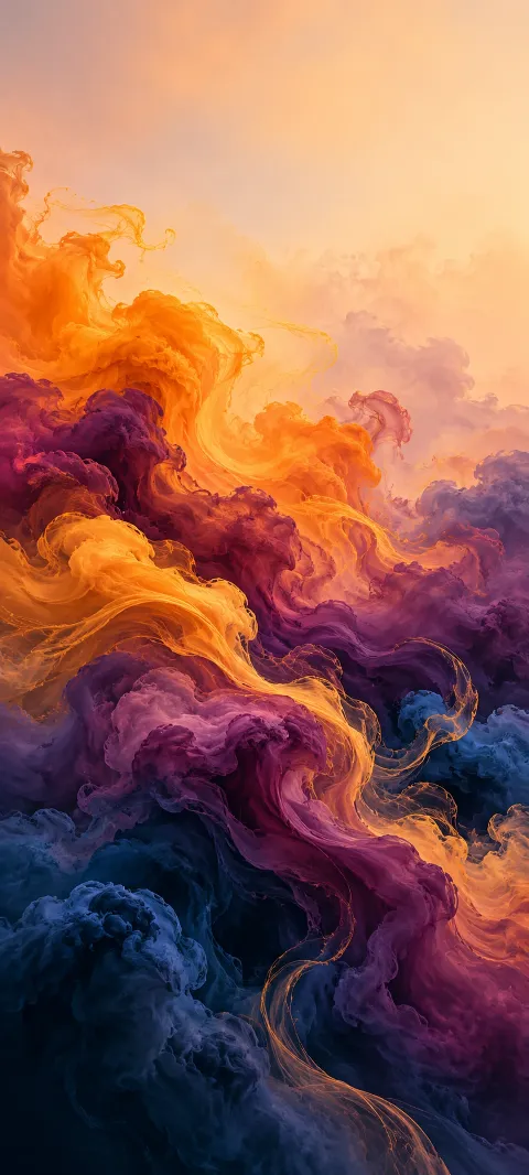 Saffron plumes expand into plum and navy abstract layers.