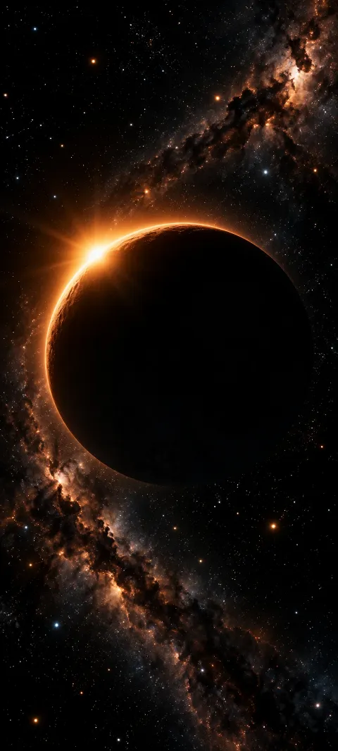 A copper-lit eclipse forms a narrow arc in black space.