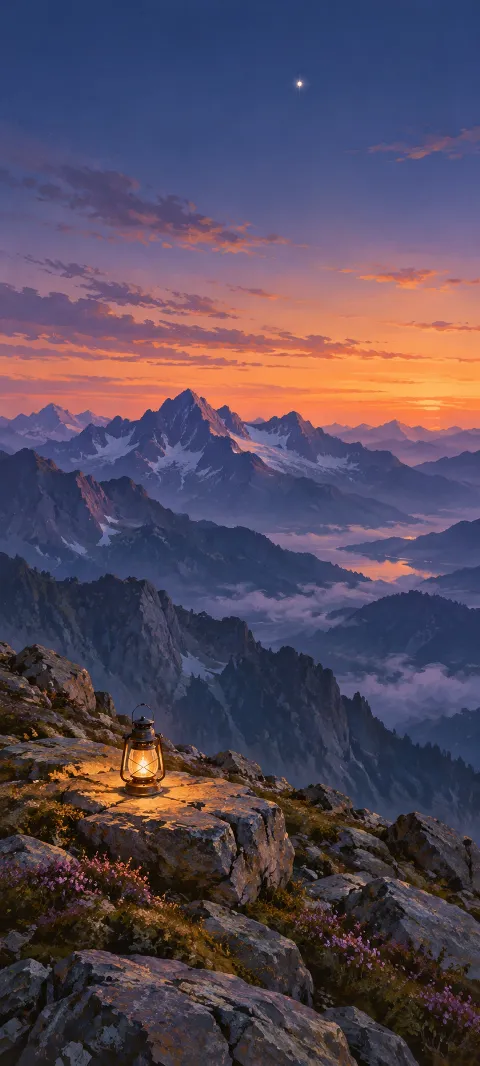 Small amber lantern on a rocky ridge overlooking violet mountains and clouds at twilight.