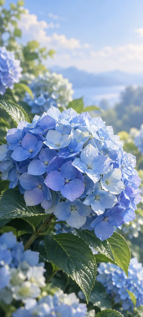 A blue hydrangea cluster fills the center.
