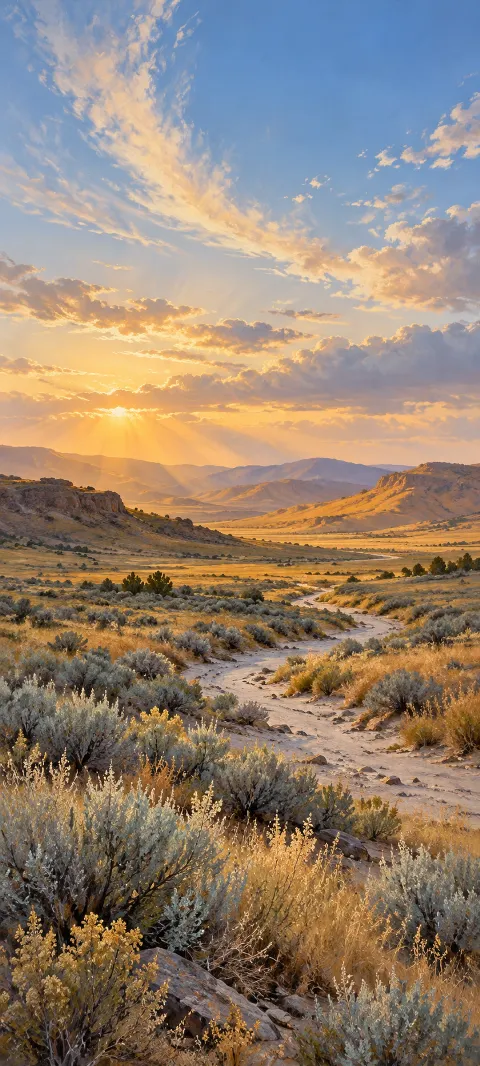 Sagebrush valley with a winding dry creek bed under a golden clouded sky.