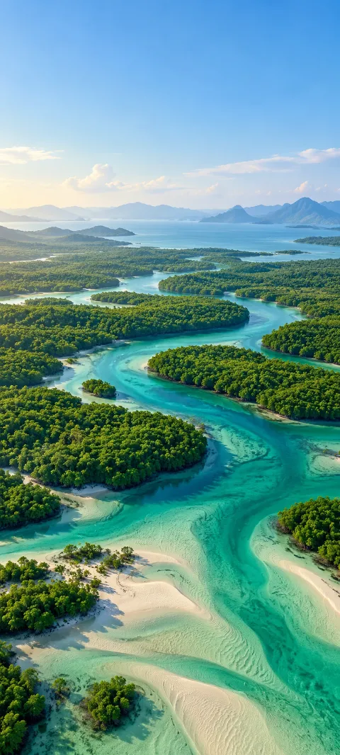 Aerial view of turquoise channels winding among green mangroves and pale sand shoals.