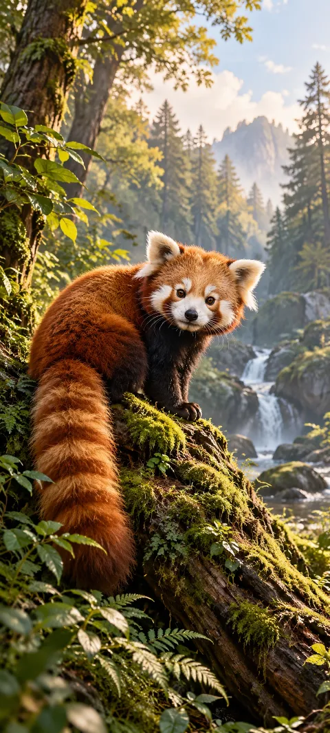 A red panda balances on a mossy log.