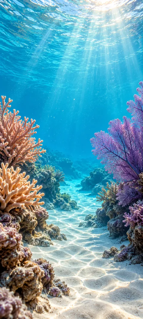 Sandy channel between peach branching coral and violet sea fans beneath turquoise sunlit water.