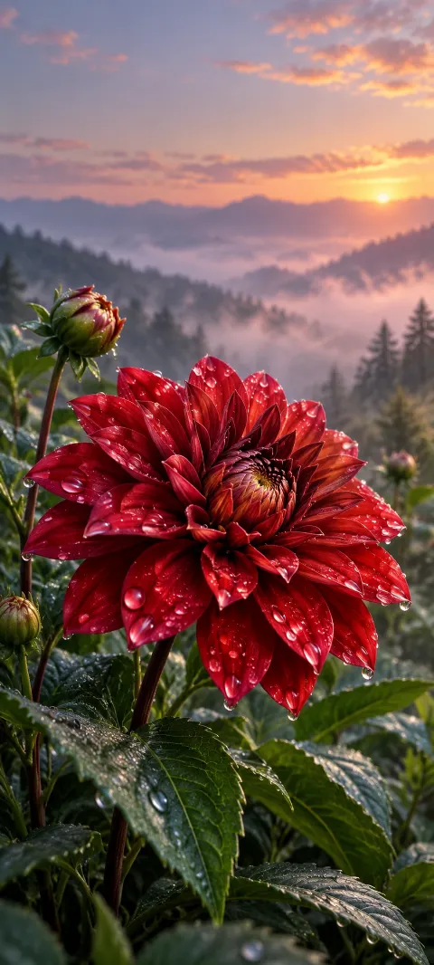 A scarlet dahlia holds raindrops above green leaves.