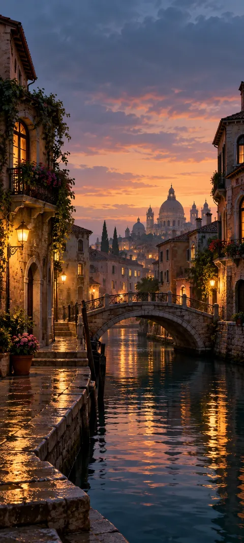 A narrow canal passes below a bridge and warm windows.