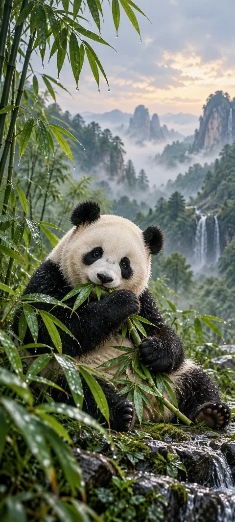 A panda sits among wet bamboo leaves.