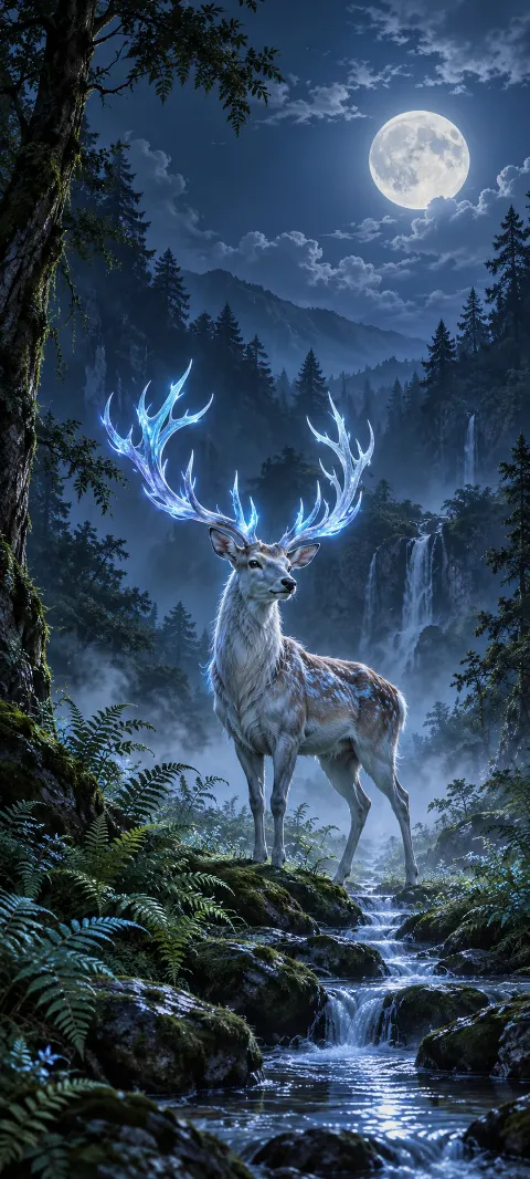 A blue-antlered deer stands in a moonlit fern hollow.