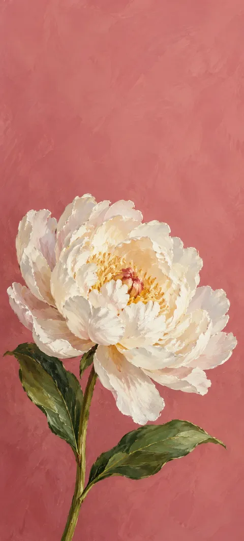 White peony with layered petals and green leaves against a rose background.